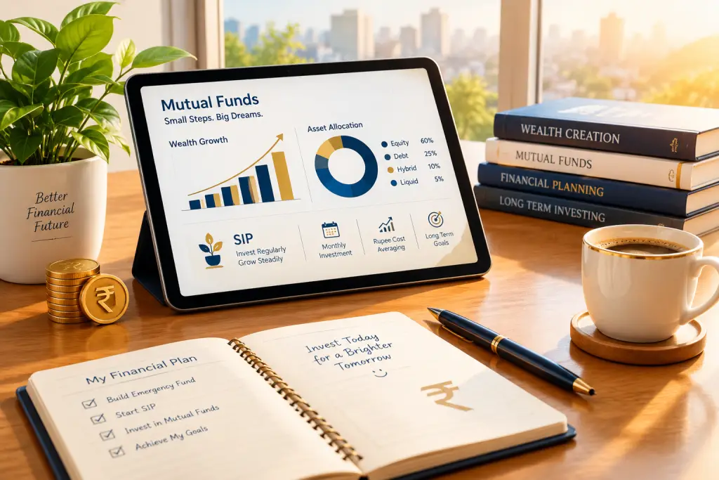 Mutual Funds in India: A Beginner’s Guide to Smart SIPs | SUSHIL FINVEST Modern desk setup with an Indian professional reviewing mutual fund SIP charts and financial planning materials